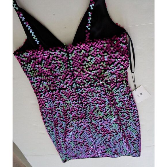 SHO x Tadashi Shoji Sz Small Hot Pink Sequin Surplice Neck Body-Con Dress - Picture 14 of 16